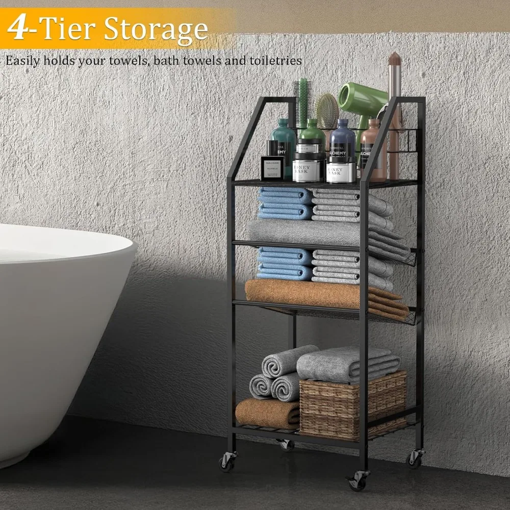 4-Tier Towel Rack Free Standing with Hair Tool Organizer, Durable Metal Towel Holder for Bathroom, Pool Towel Rack, Space-Saving