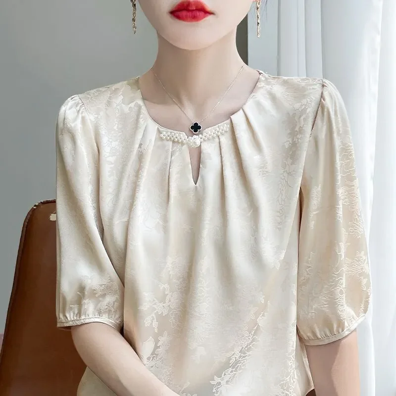 Cream Floral Jacquard Blouse with Pearl Trimmed Round Neck Puff Sleeve Loose Fit Summer Women Blouse view 2