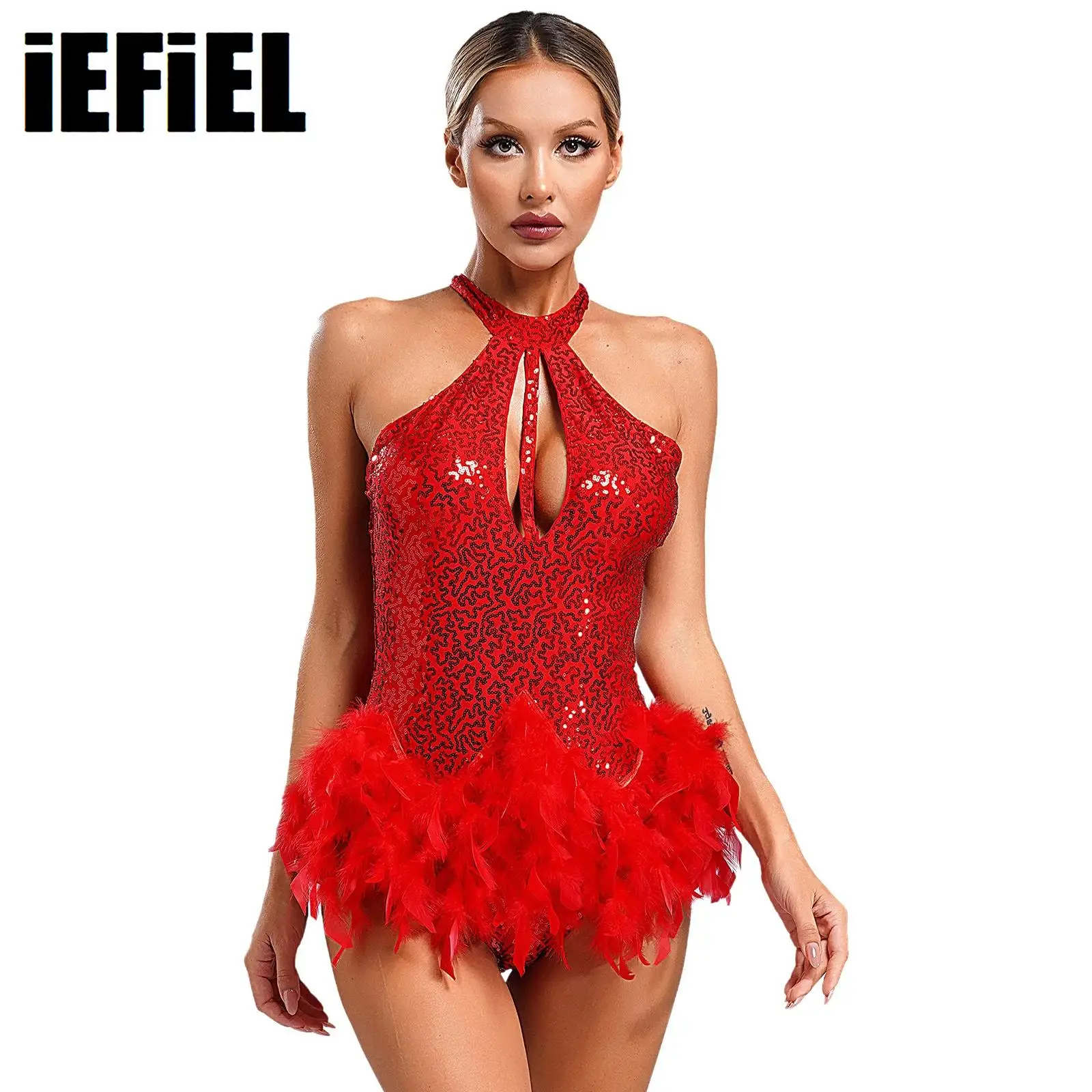 

Womens Sequins Feather Dance Leotard Halter Sleeveless Backless Keyhole Front Glittery Stage Performance Dancewear