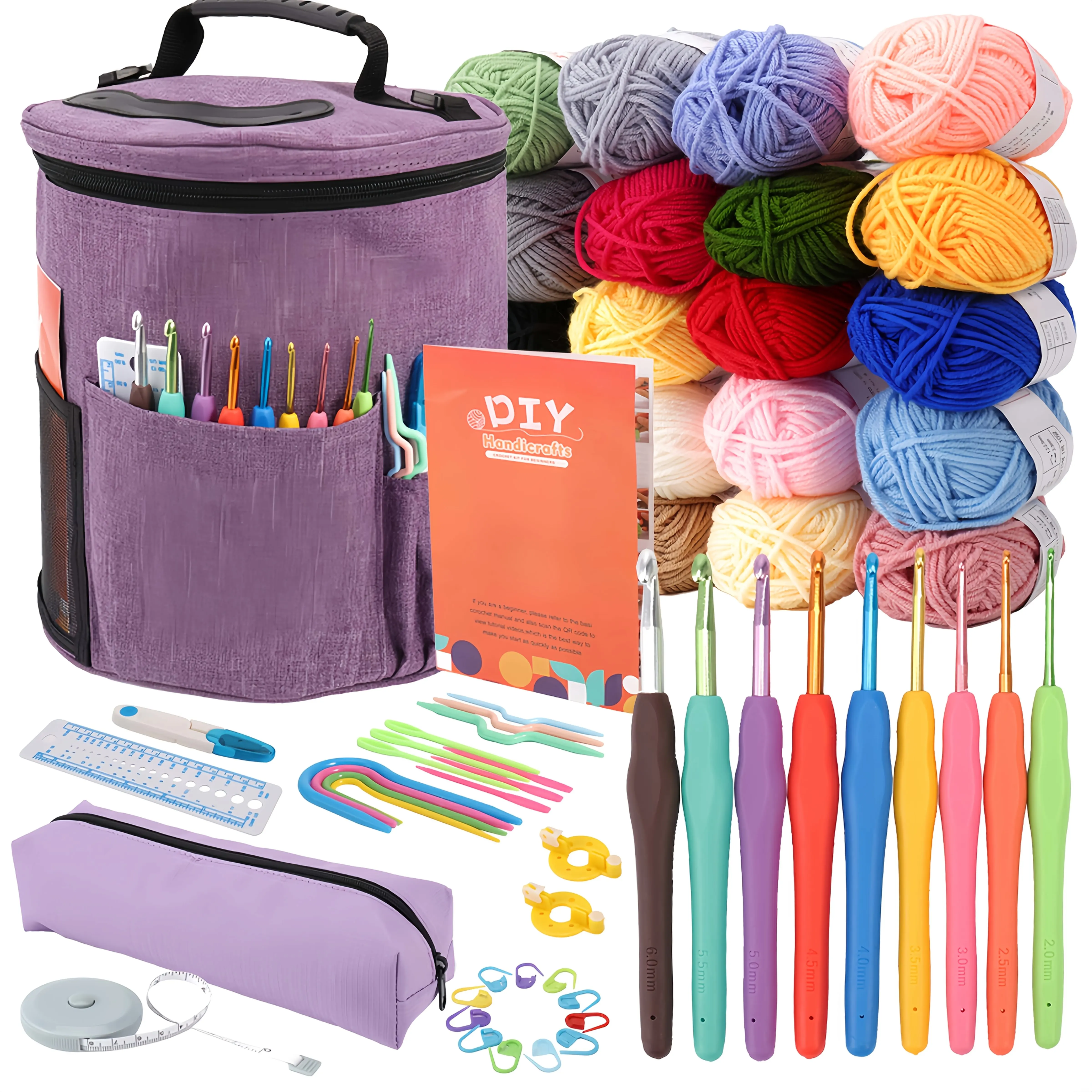 

60Pcs Crochet Kit for Beginners with 20 Colors Yarn, Ergonomic Hooks Set & Guide Book, DIY Knitting Tools with Portable Bag