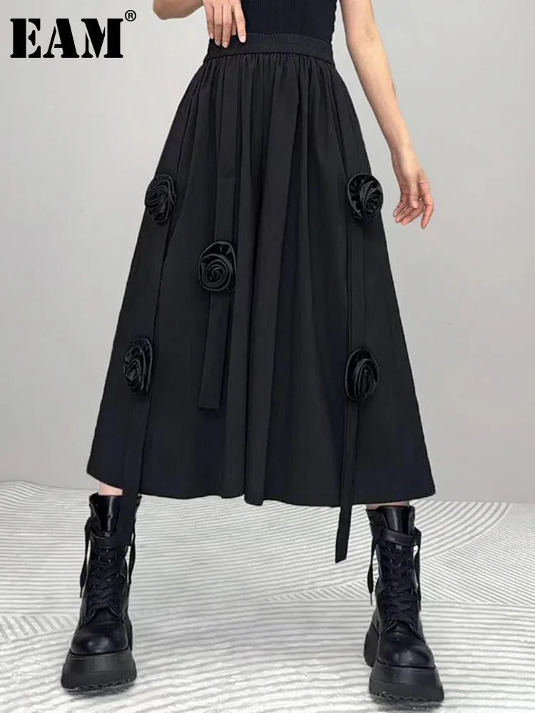 

[EAM] High Elastic Waist Black Flower Ribbon Long Wide Leg Pants New Trousers Women Fashion Tide Spring Autumn 2024 1DH5055