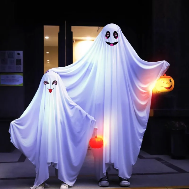 

NEW Children Adults Halloween Ghost Cosplay Costume White Ghost Cloak Family Outfits Horror Cape Fancy Dress Ball Roleplay