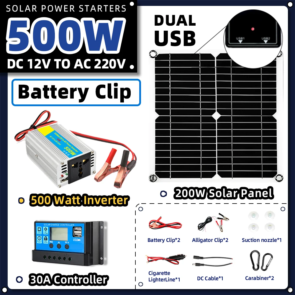 kit solar battery clip Solar System 200W Mono Solar Panel 12V 300W 500W Inverter 30A Controller Camping solar energy systems