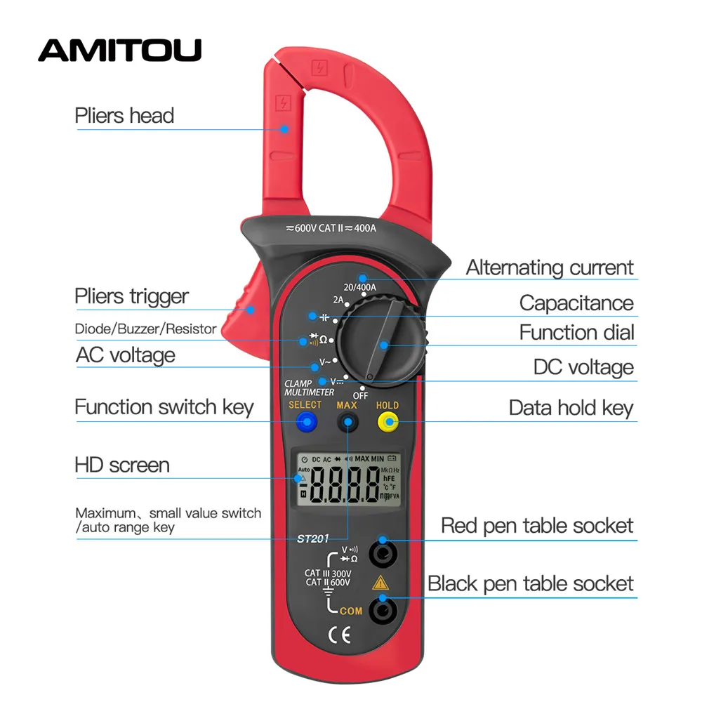 AMITOU ST201 pinzas amperimetricas fugas profesionales ac/dc tester clamp meter comprobador herramientas de electricista profesional digital voltimetro multimetro medidor probador de corriente instrumentos eléctricos