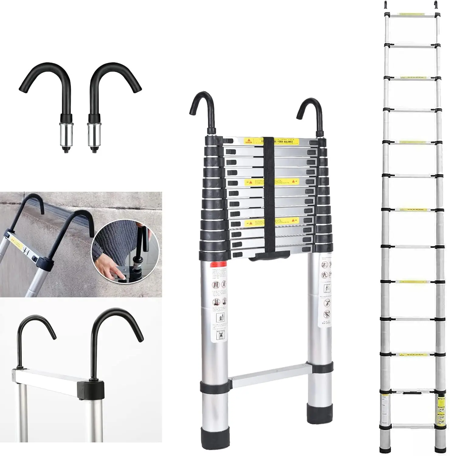 

16FT Aluminum Telescoping Ladder with 2 Roof Ladder Hooks, Collapsible, Heavy Duty, 330 Pound Capacity