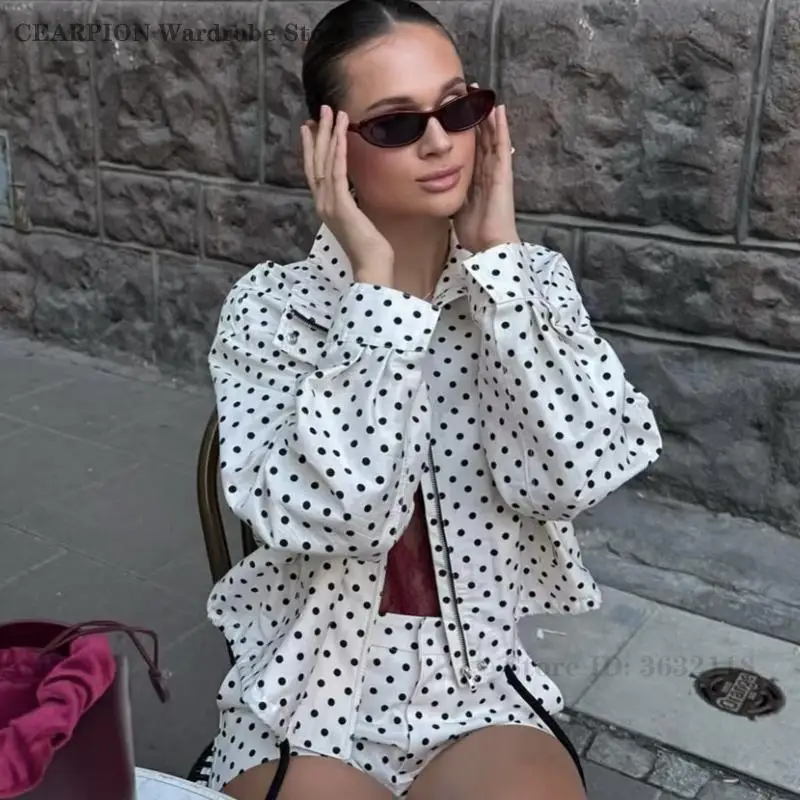 Women's Streetwear Long Sleeves Turtleneck Zipper with Pockets Drawstring Casual Coats Fashion Polka Dot Printed Jacket Shorts