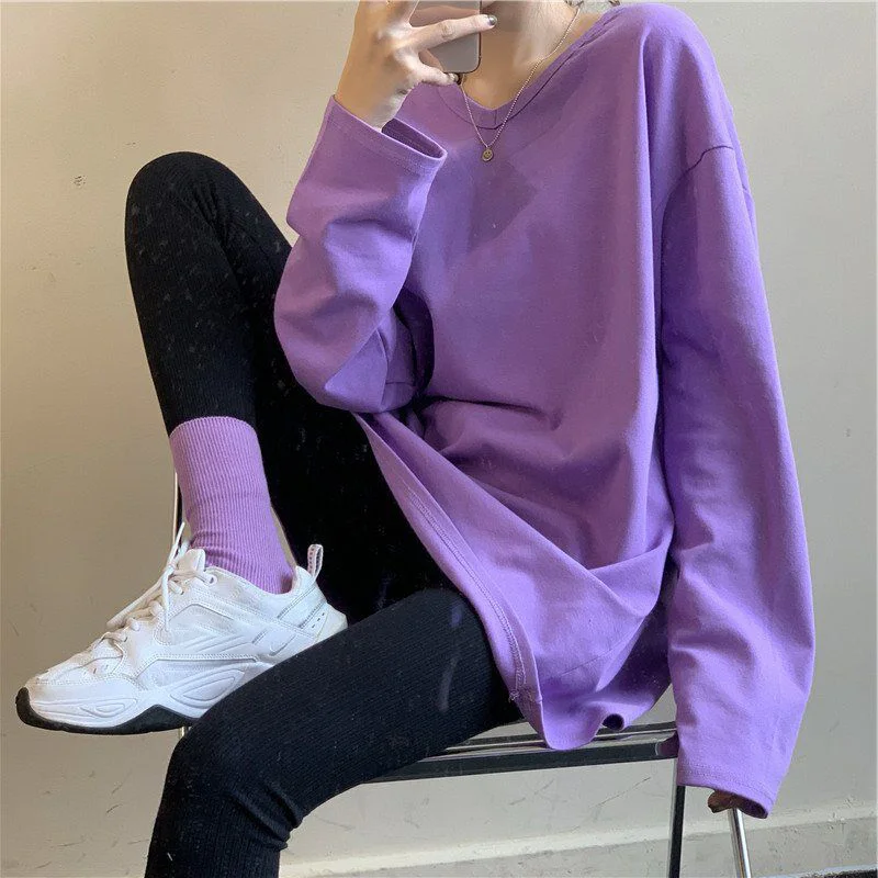 2025 New Long shirt new women's Fashion Top size Korean O-neck long sleeve  purple T-shirt