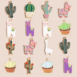 Mix Styles Enamel Cartoon Desert Green Plant Cactus Alpaca Charms Pendants Fit Earring Bracelet DIY Jewelry Making Accessories