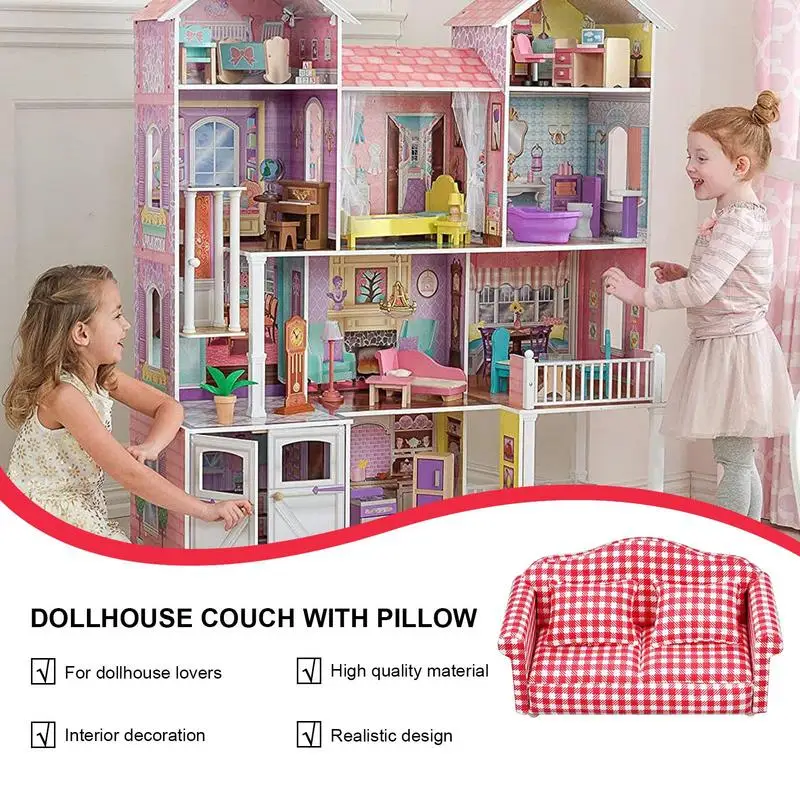 Miniature Sofa Mini Couch Armchair with Pillow High Simulation Miniature Realistic Red Plaid Furniture Toy for Kids Adults