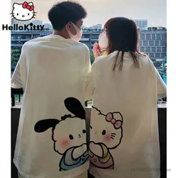 Sanrio-camisetas de diseño de pareja para mujer y hombre, Tops bonitos de Hello Kitty, Pochacco, 2 piezas, Y2k, camisetas sueltas de manga corta, moda de verano