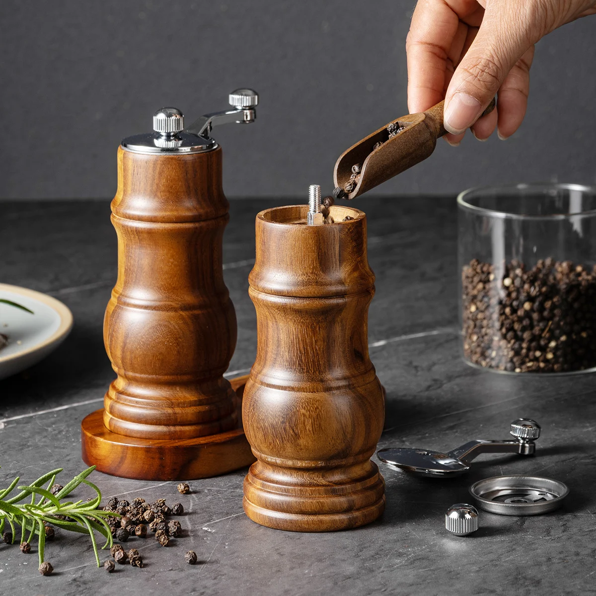 1PC-Solid Wood Hand-Cranked Pepper Grinder with Redwood Ceramic Core, Labor-Saving Seasoning Bottle, Wooden Pepper Mill