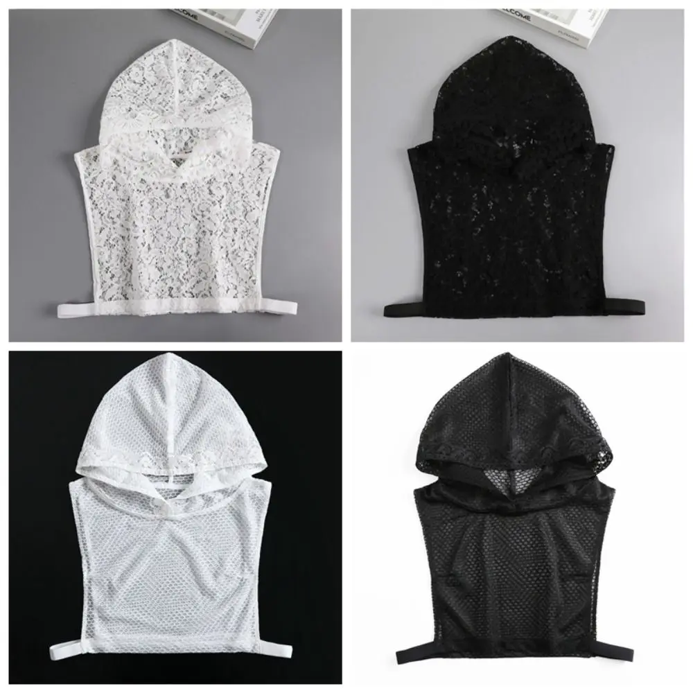 With Cap Fake Lace Floral Collar Gauzy Slim Mesh Base Layer Top Solid Color Short Sleeve Detachable False Collar Versatile