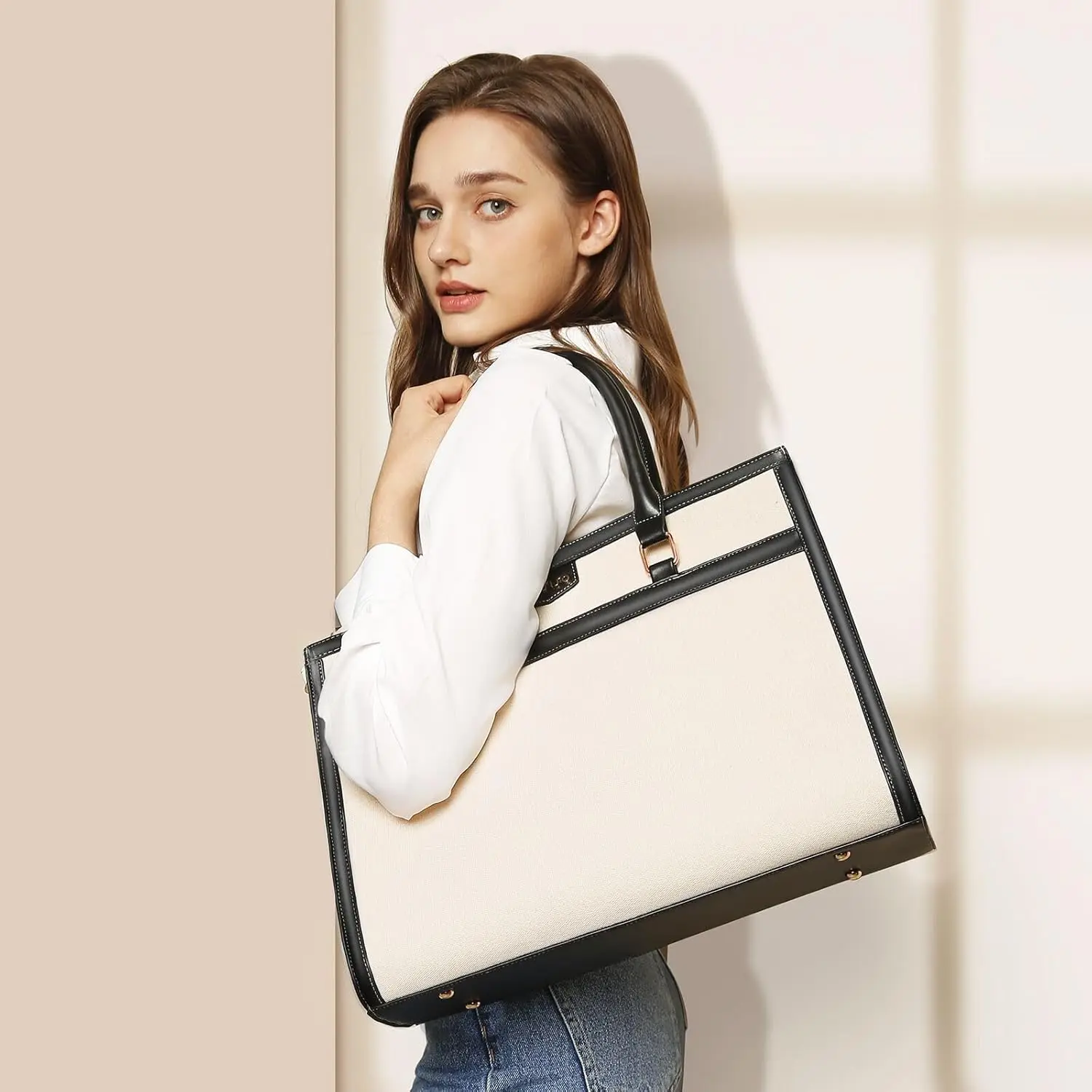 Laptop Tote Bag for Women Canvas Bags 15 15.6 16 inch Messenger Shoulder Computer Bag Casual Handbag Work Briefcase Office Case