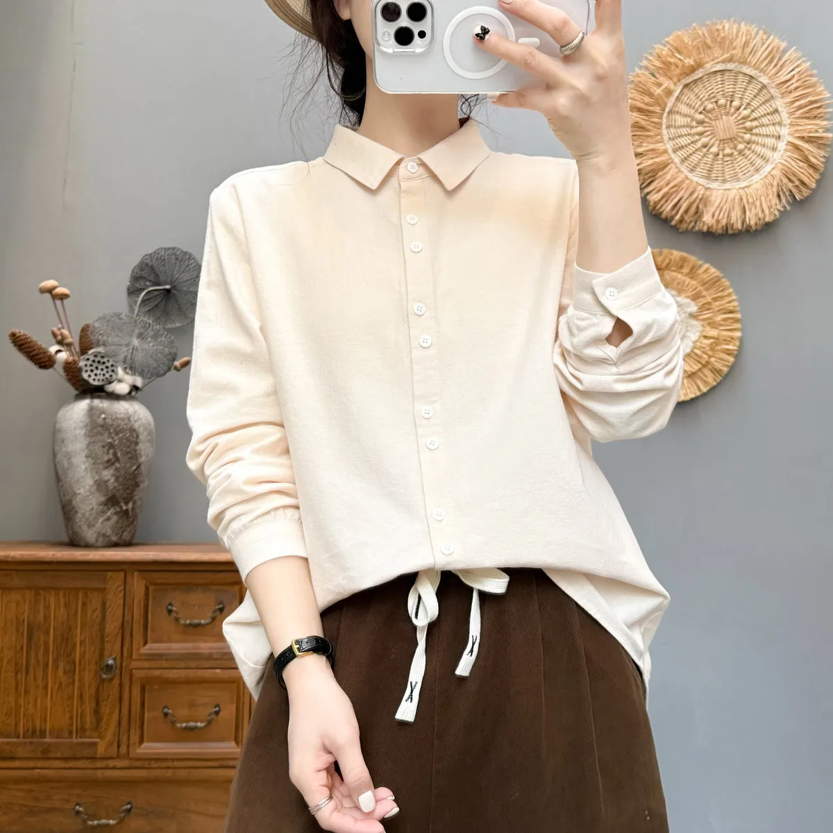 

[Ready Stock] High Quality Women 100% Cotton Blouse Shirt Abraded Long Sleeve Autumn and Winter New Casual Bottom Shirt Top