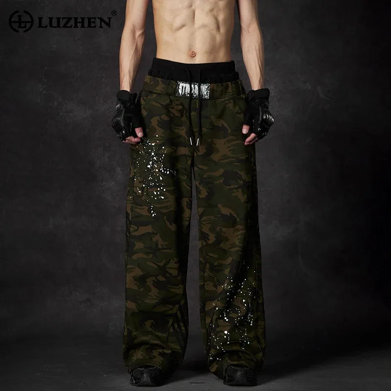 

LUZHEN Trendy Ink Ejection Design Elastic Waist Drawstring Casual Pants 2025 Men's Straight Camouflage Printed Trousers JY1672