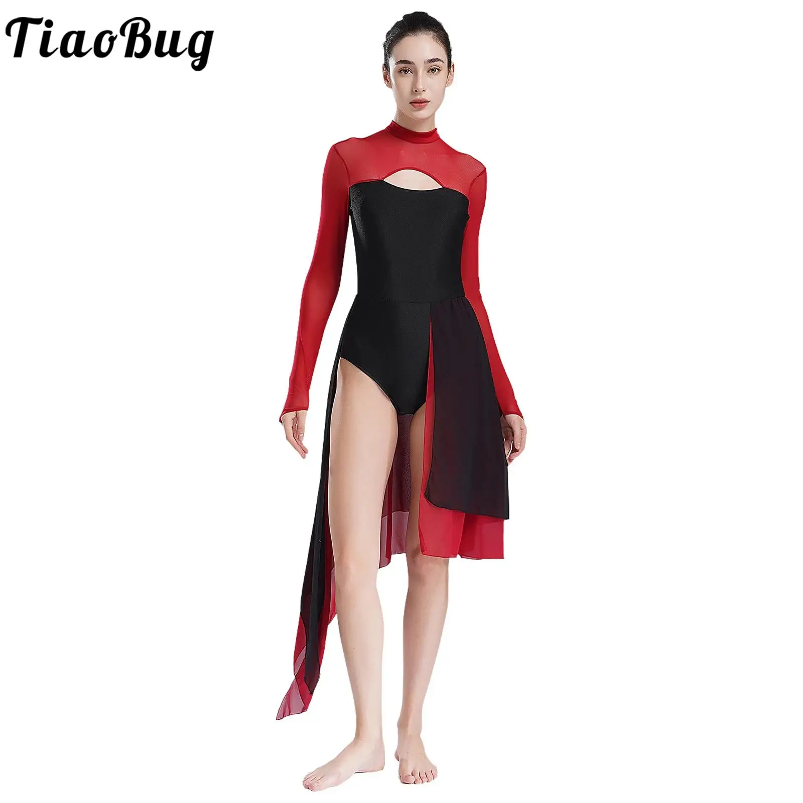 Women Lyrical Dance Dresses Costume Long Sleeve Cutout Backless Sheer Mesh Irregular Hem with Built-in Briefs Leotard for Prom