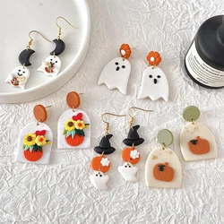 Lifefontier Creative Halloween Polymer Clay Earrings Unusual Handmade Cartoon Ghost Flower Drop Dangle Earring For Women Jewelry
