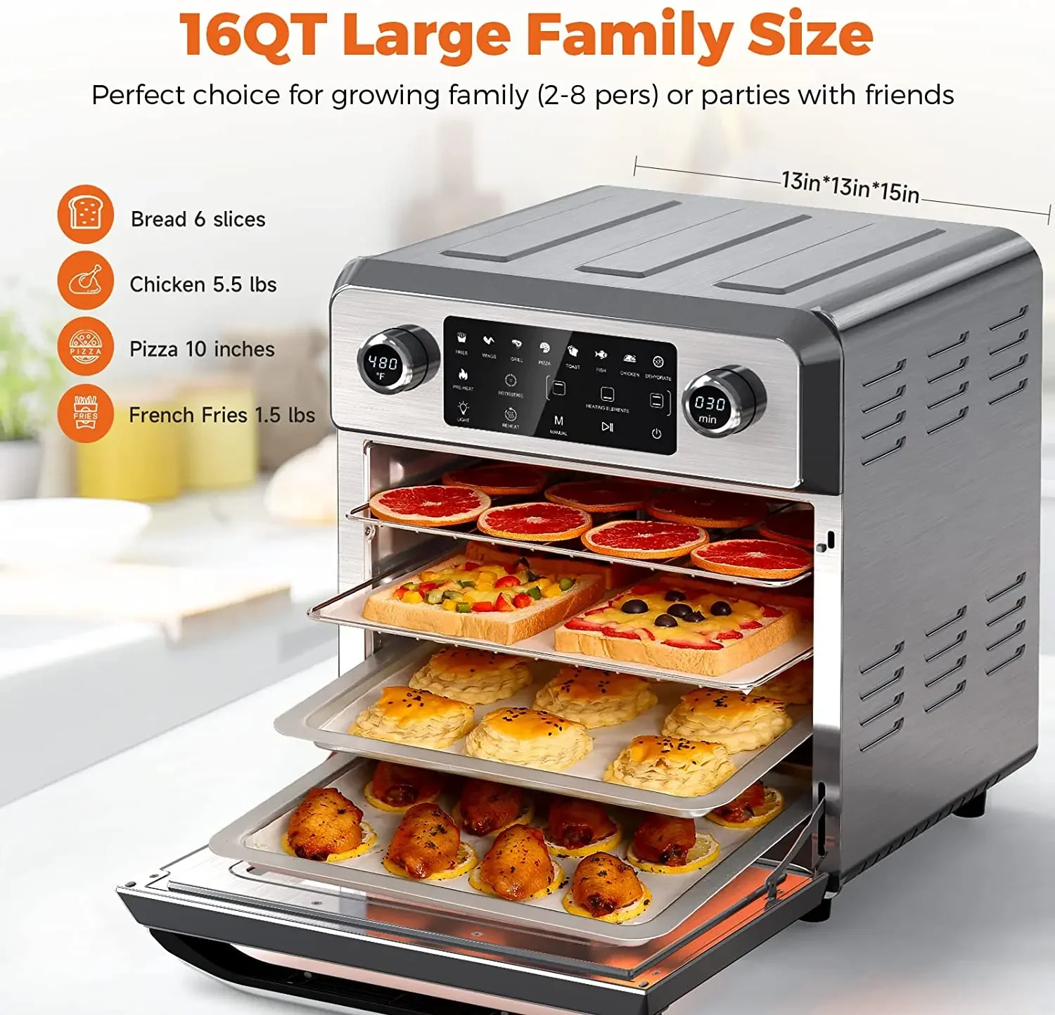 New Hot Sale 15L Large Capacity Multi-Function Super-Heated Air Heats Air Fryers Oven