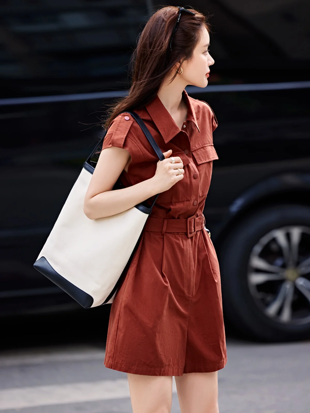 Mo Han  Mei Street Sle Slimming Workwear Inspired Svel One-Piece Summer New Arrival High Waist Cotton Blend