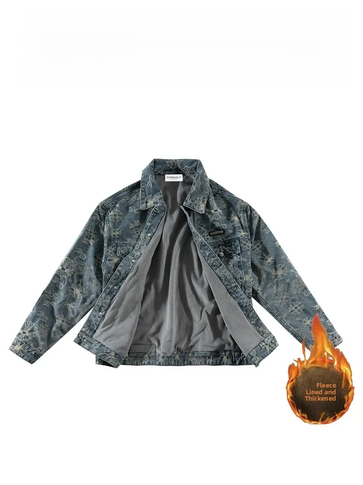 

BAIRBAOLIY Fce Lined Thiened Denim Jaet Men's Quali Texture Crossweave Casual Outerwear Cotton Polyester Blend