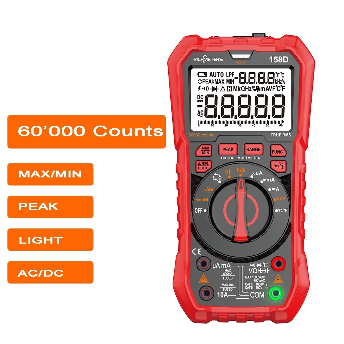 RICHMETERS RM158D NCV Digital Multimeter 60000Counts Auto Ranging AC/DC Voltage Meter Flash Back Light Large Screen