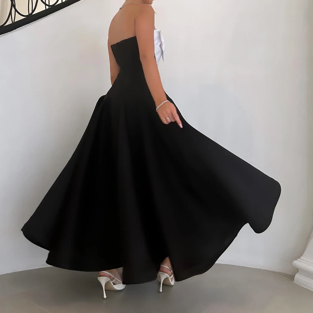 Customized Graceful Ankle Length Bow Pleats Strapless Prom Gown Temperament A-Line Satin Black Evening Dress vestidos para mujer