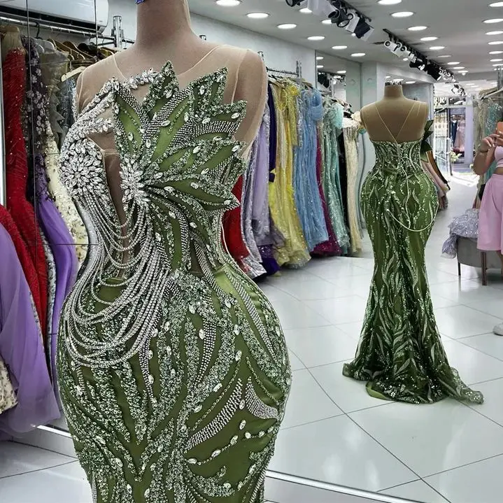 Vestido de noche Formal con borlas y cristales árabes para mujer, traje de diseño de sirena con hojas en 3D verdes, 2024