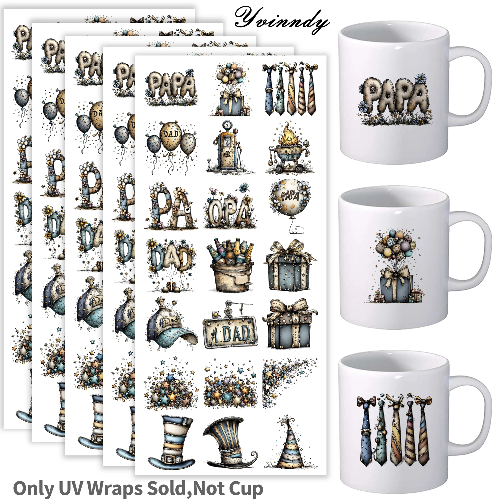105Pcs/Set Retro Dad's Day Decorations UV DTF Transfer Sticker DIY Craft Kits with Crystal Label 16oz Glass Jars Wrap Stickers