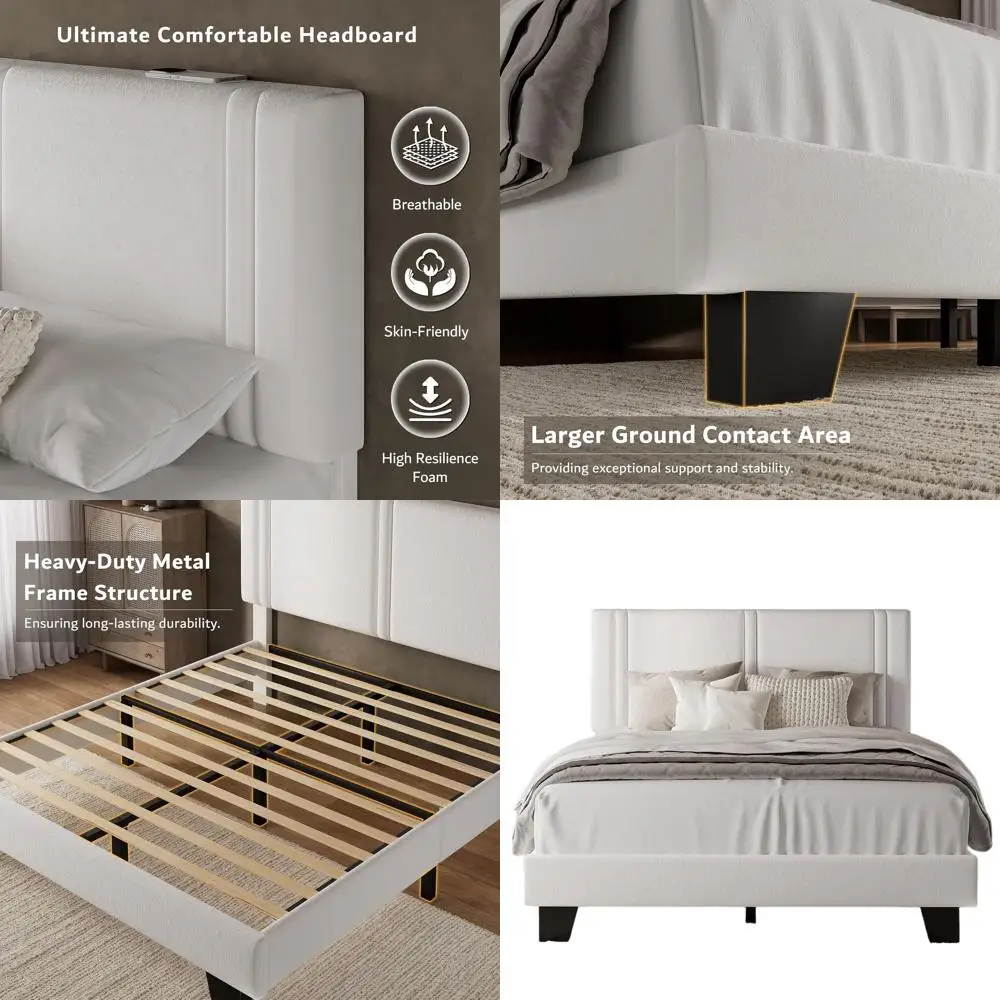 Velvet-Covered Platform Bed with Thickened Legs, Solid Wood Slat Support, Quiet, No Box Spring Needed, White
