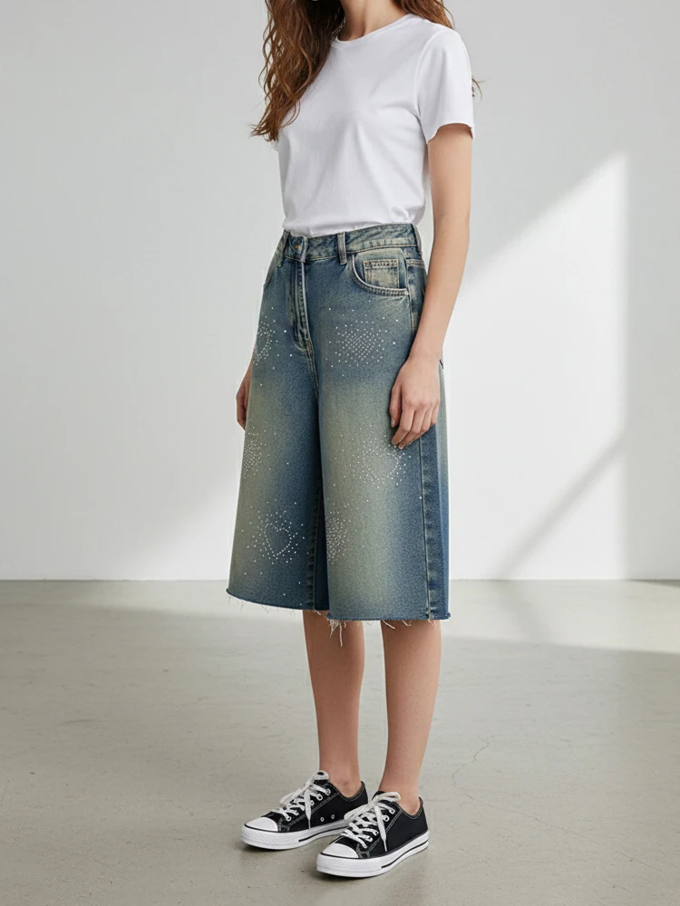 REDDACHiC Heart Rhinestone Jean Shorts Women Vintage Do Old Raw Edge Wide Leg Low Waist Denim Bermuda Pants Hip Hop Streetwear