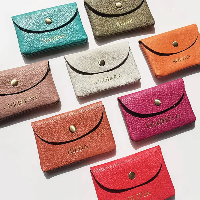 Cowhide Engrave Initials Mini Coin Purse Colorful Cute Fashion Custom Name Coin Bags Genuine Leather Card Wallet Wholesale Gift