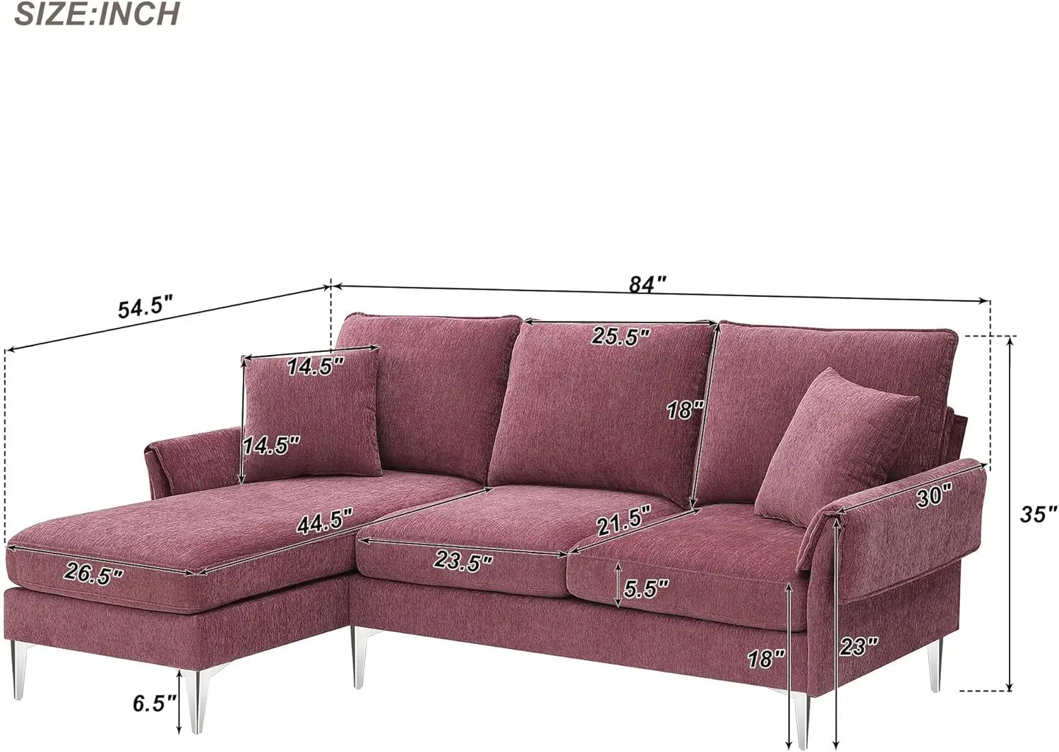 Convertible Sectional Couch, Modern L-Shaped Chenille Sofa With Reversible Chaise Lounge And 2 Pillows For Living Room