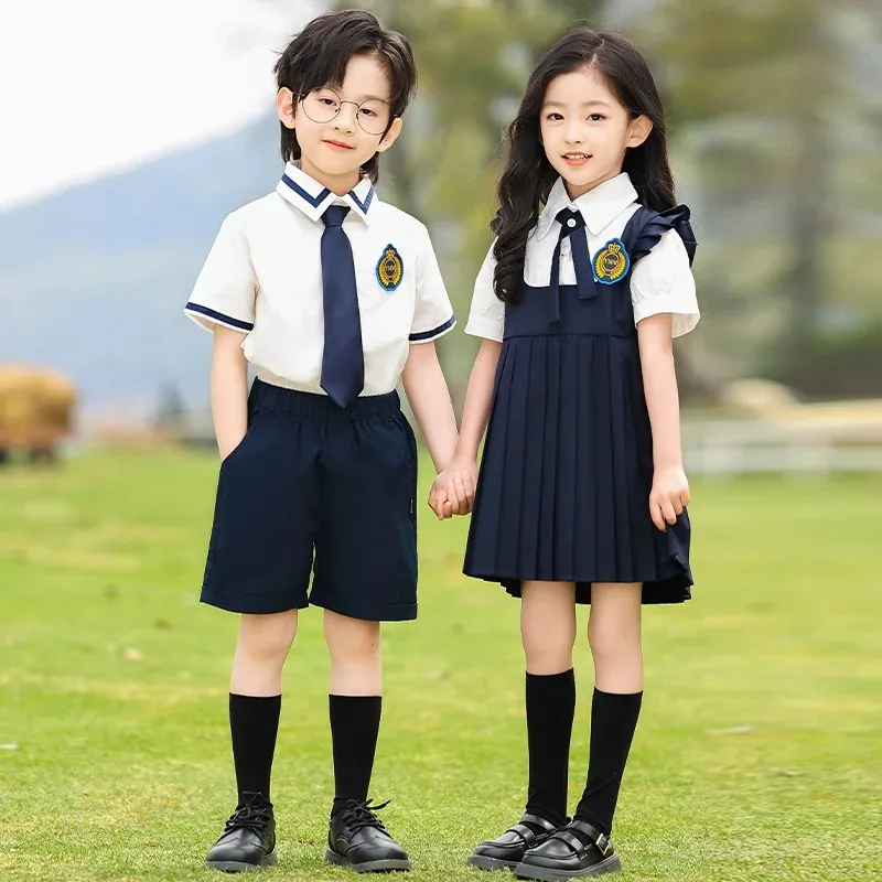 Children School Uniform Girls Shirts Solid Skirt Suits Boys Formal Dress Toddler Student Clothes Sets Kids British Class Outfits