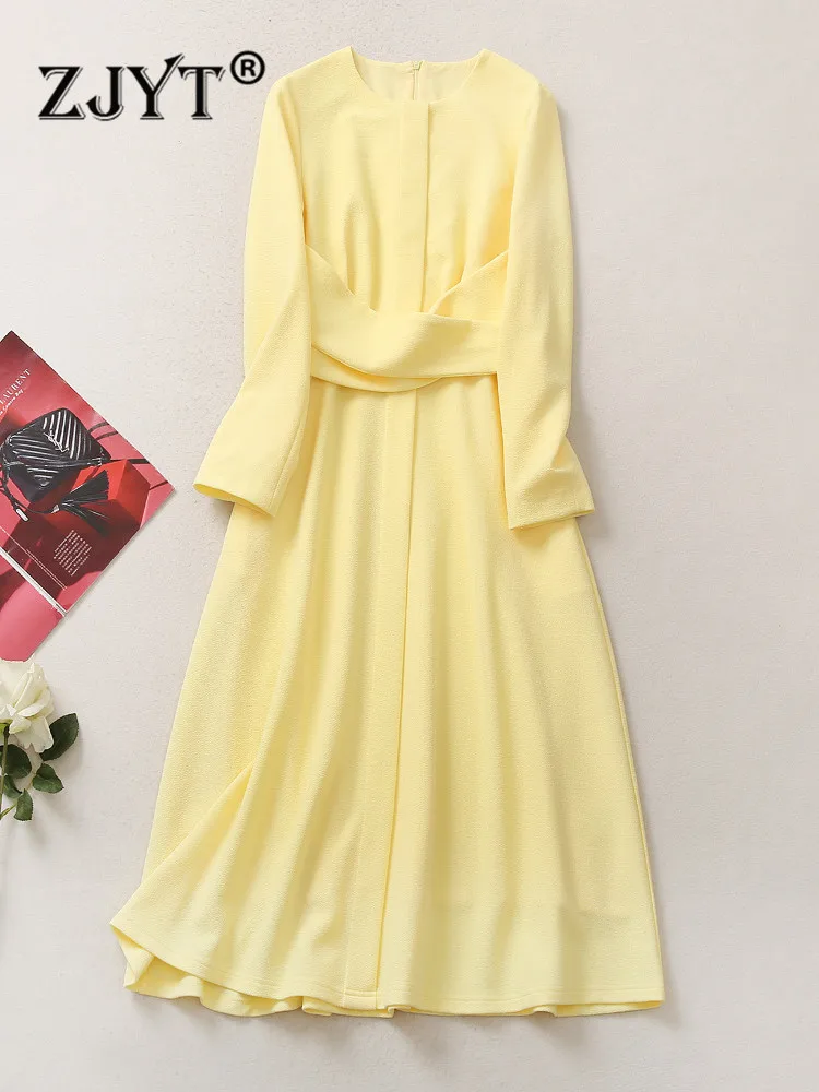 ZJYT Designer Elegant Autumn Long Sleeve Dress Women Yellow Midi Party Vestidos 2022 New Fashion Solid Casual Robe Femme XXL