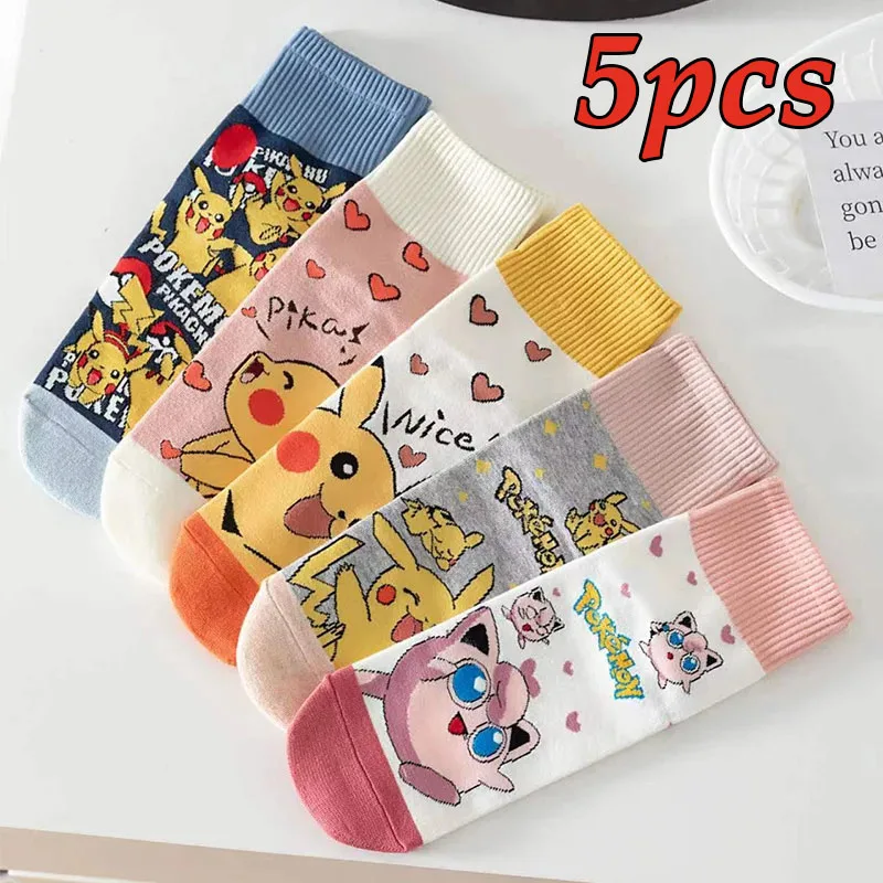 5 Pairs Pokémon Cotton Socks for Women Pikachu Kawaii Japanese Mid-calf Socks Student Cartoon Sports Sock Autumn Winter Gifts