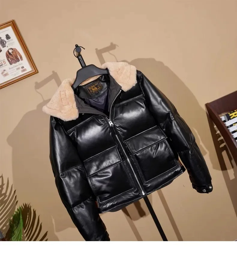 YR!Wholesales.Men Fashion winter warm leather jacket.Brand genuine filling 460g duck down coat.quality cloth