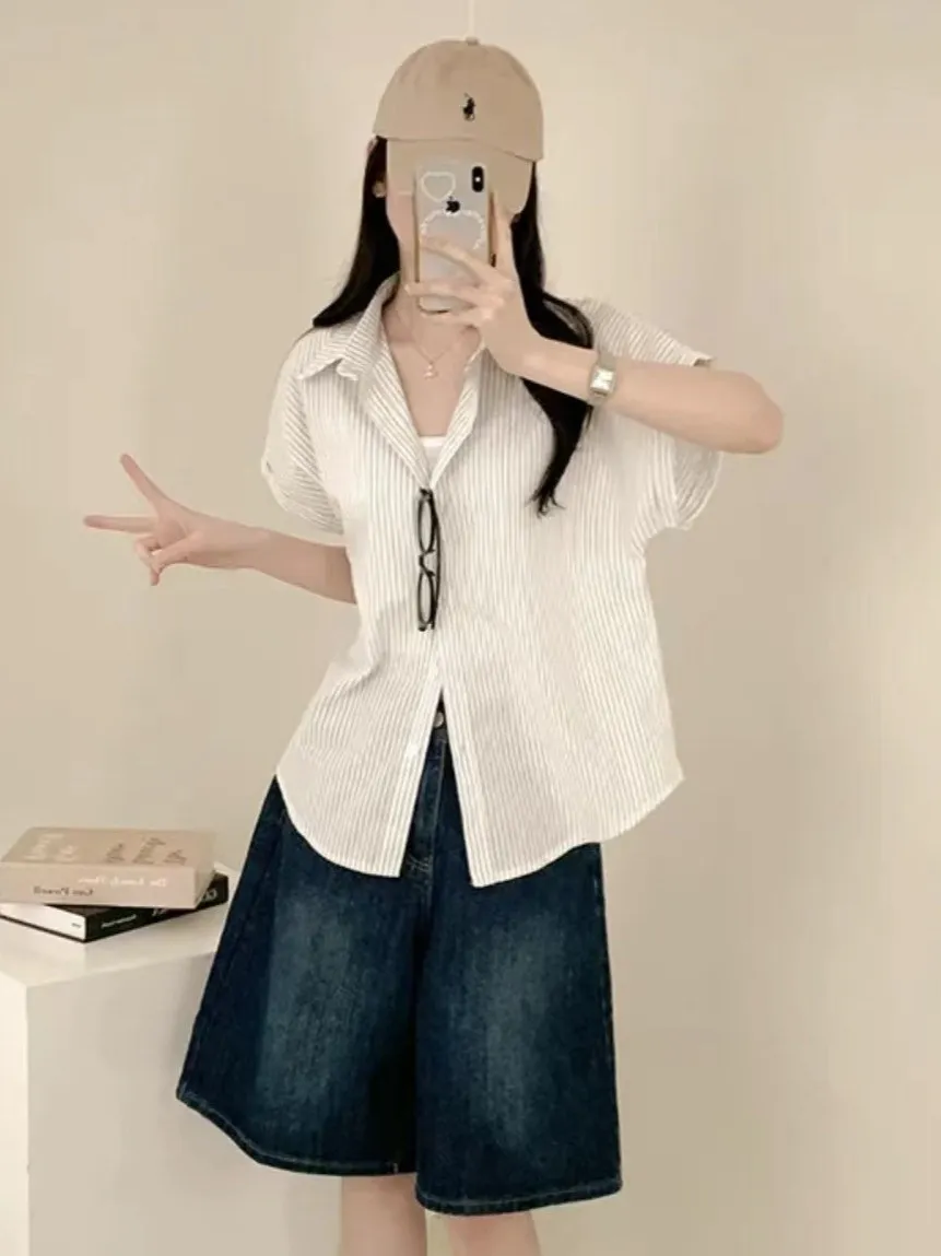 

Fre Striped ort Sve irt Women Summer New Open Cardigan Loose Slimming Single Button Korean Sle Casual Faion Top