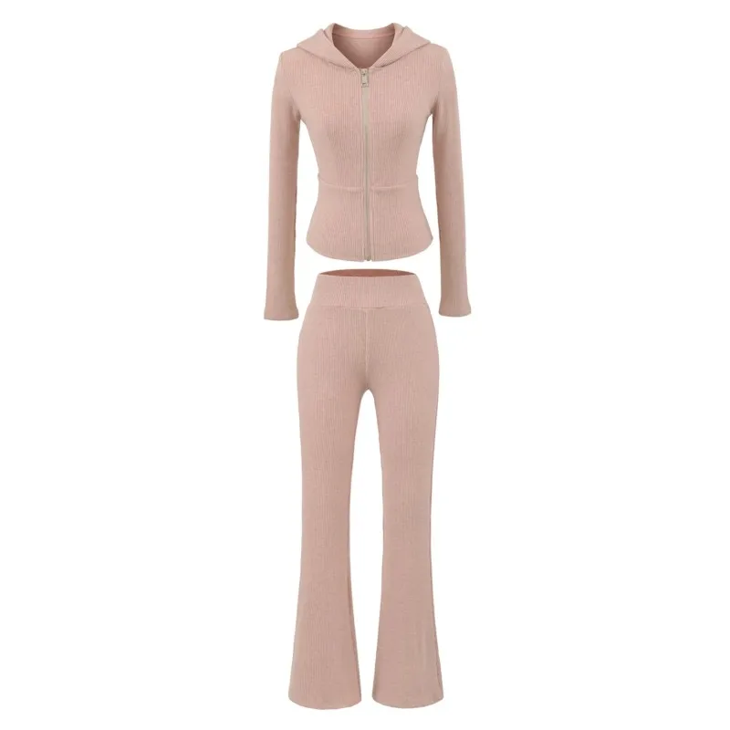 Top con cappuccio a vita alta con cuciture in vita Set da 2 pezzi Abbigliamento quotidiano 2025 Tuta casual da donna autunno Pantaloni svasati slim fit