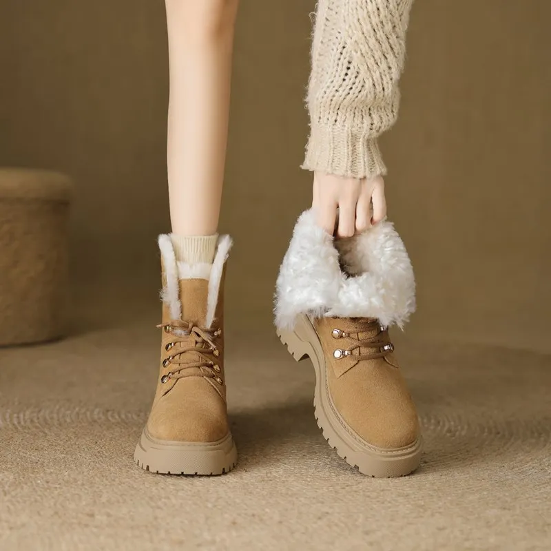 MORAZORA Cow Suede Leather Snow Boots Women Lace Up Round Toe Platform Ankle Boots Nature Wool Warm Winter Boots Ladies Shoes image 4