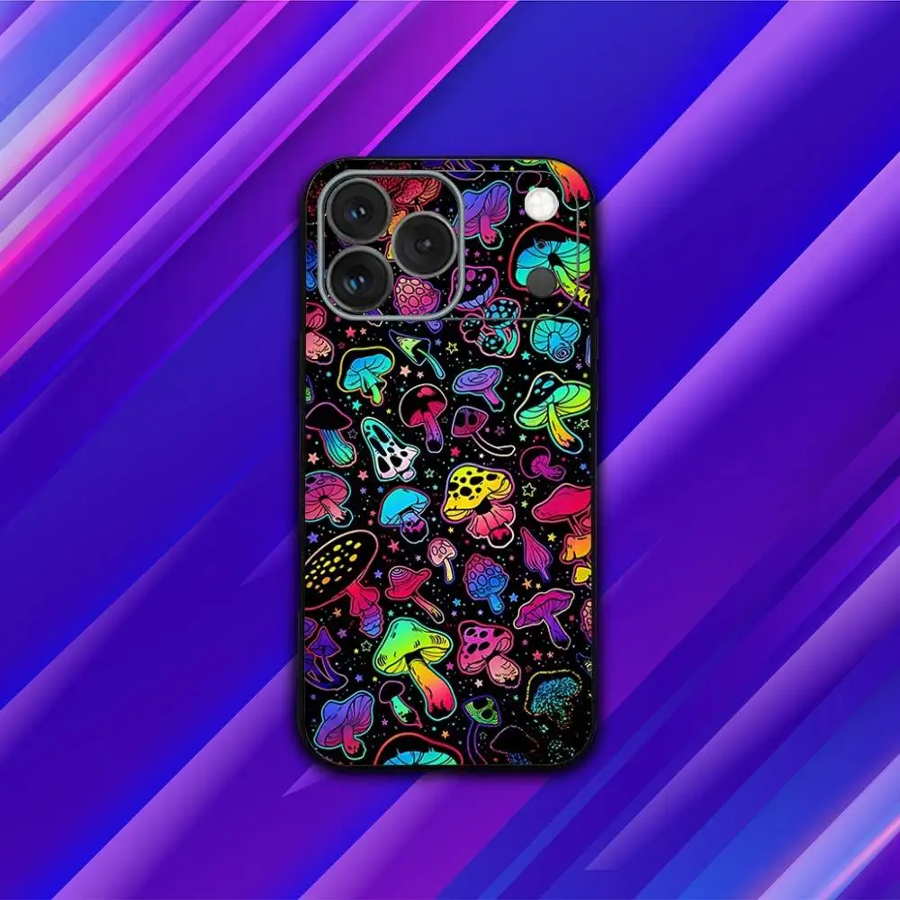 حافظة هاتف P-Psychedelic Mushrooms لهاتف iPhone 17,16,15,14,13,12,11,Pro,Max,Plus,X,XS,SE4,E,Mini,Soft Black Case