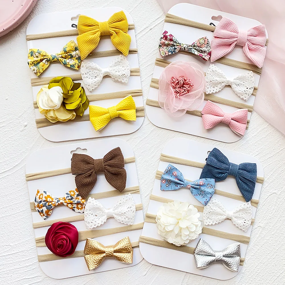 5Pcs/Set Baby Flower Bows Headband for Girls Children Elastic Hair Bands New Born Hairband Soft Toddler Cute Hair Accessories