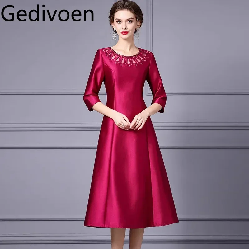 Gedivoen Fashion design Abito da donna Mezza manica con perline Scava fuori Abiti da ballo casual per le vacanze autunnali e invernali