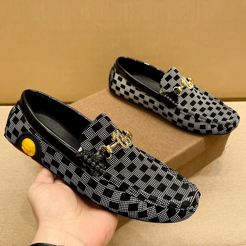 

High-End Men's Bean oes Leather Slip-On Busin Casual Leather oes with Metal Square Pattern Lightweight round Toe Flat ...