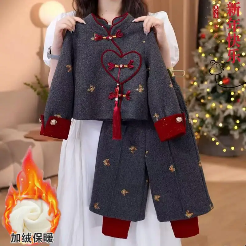 

Зимний новый комплект для девочек: модный теплый костюм с мультяшным принтом, мягкая и удобная одежда, толстое теплое пальто и брюки с широкими штанинами