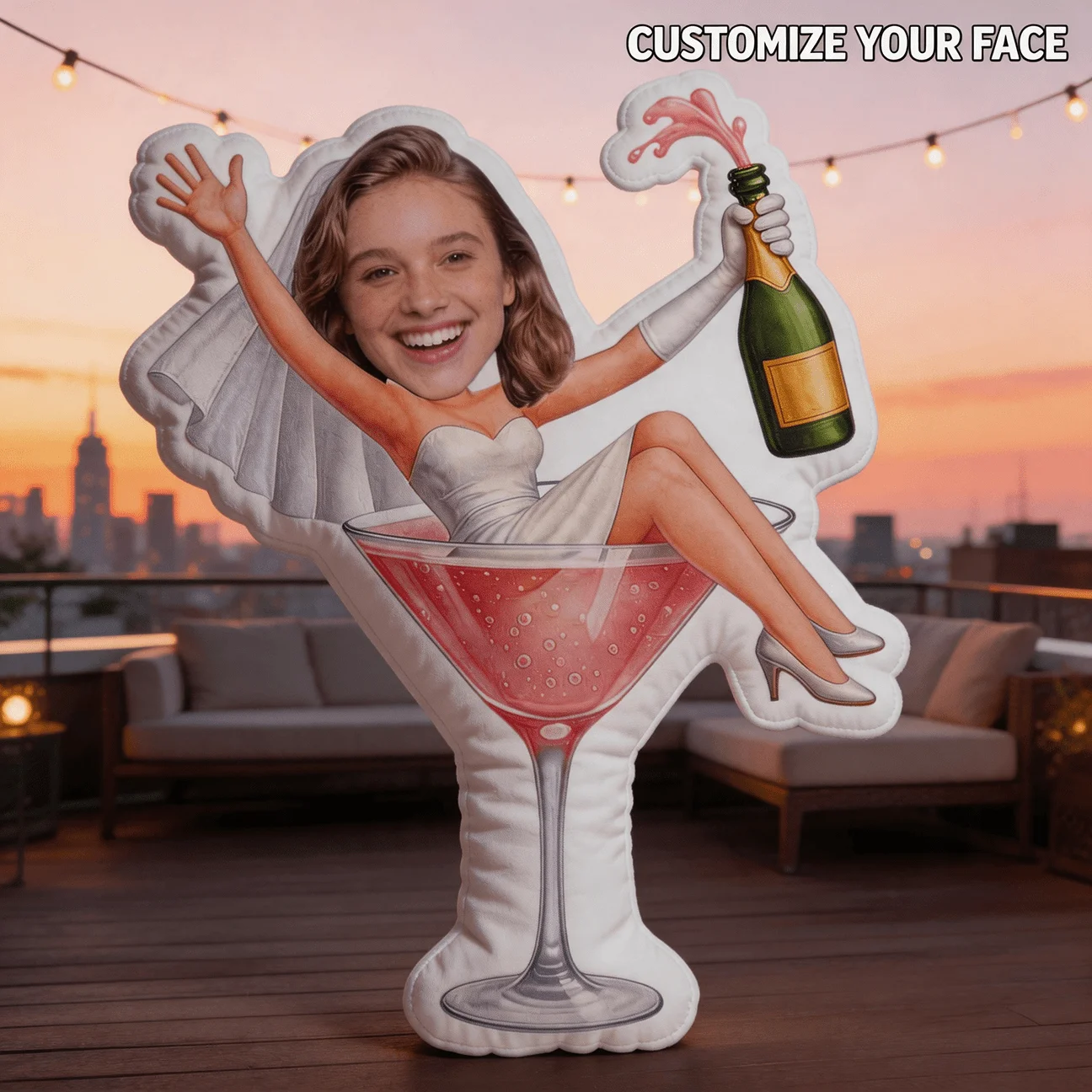 Custom Personalized Photo Face Pillow, Cocktail Glass Shaped Decorative Cushion, 60CM Large Size Home Ornament for Sofa & Bedroo