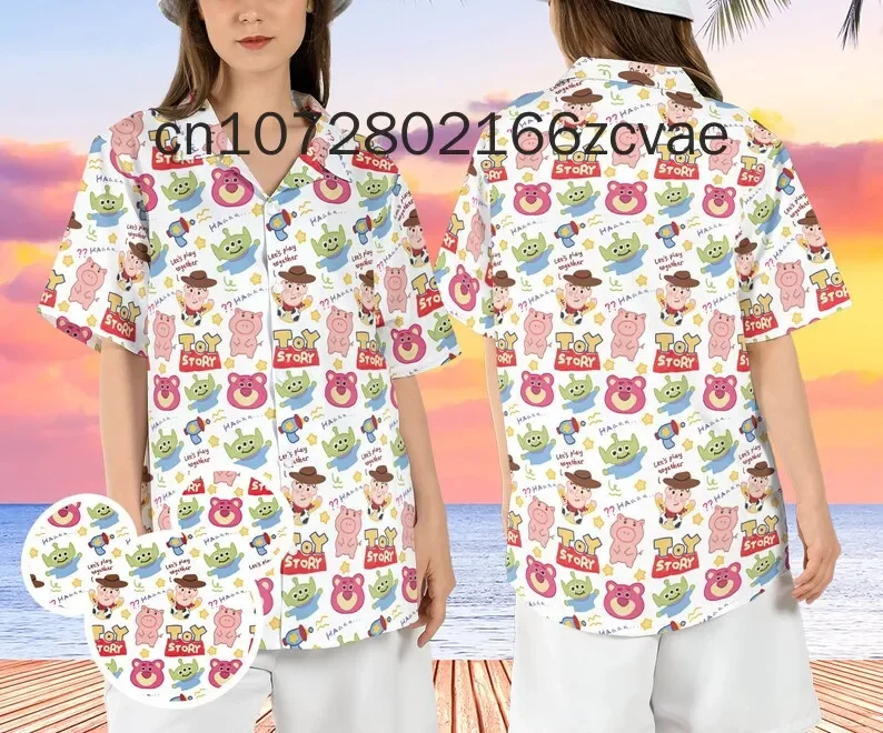 Camisa hawaiana de dibujos animados de Disney Toy Story para hombres y mujeres, camisa hawaiana de manga corta con botones, moda informal, nueva, 2024