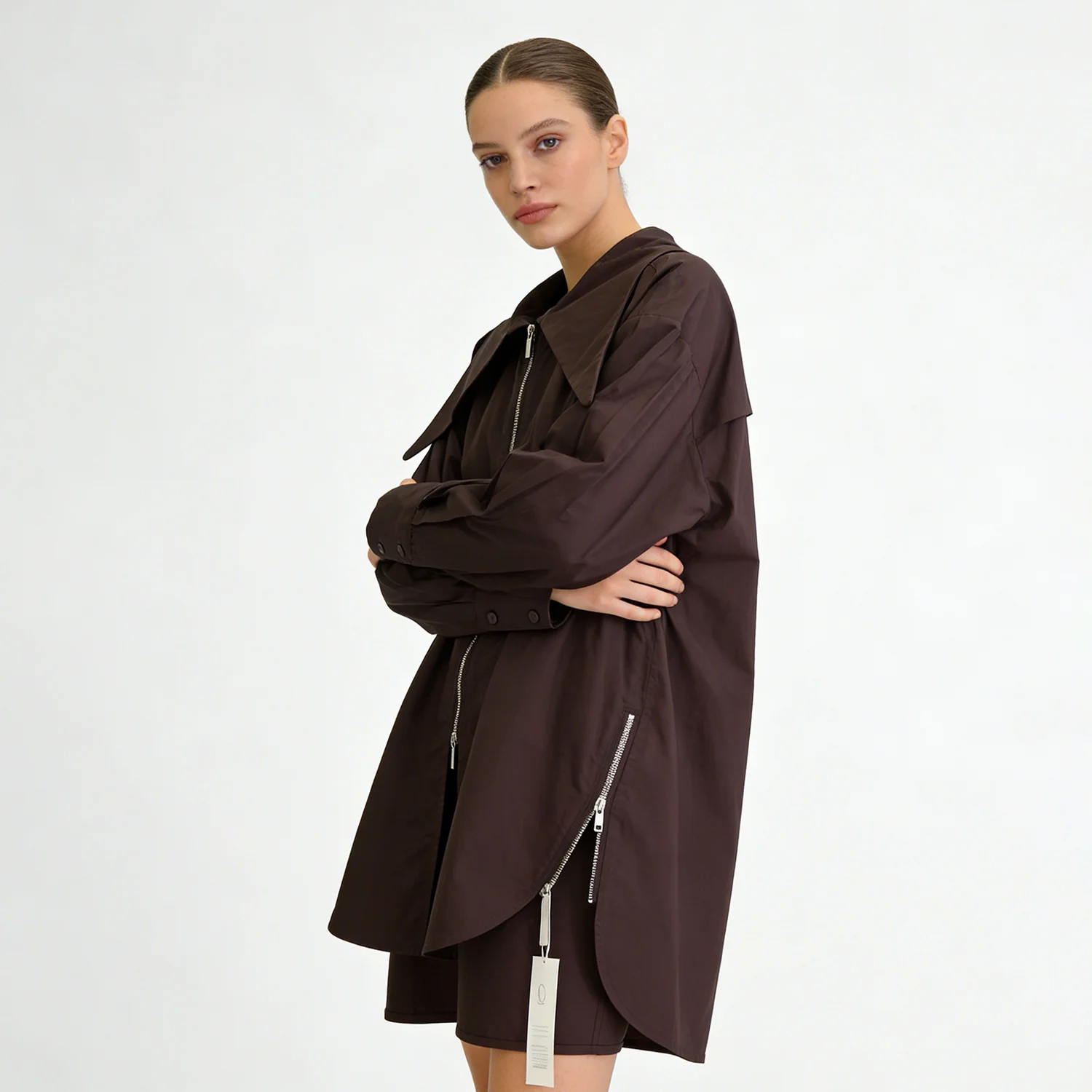 NOVA Women's Oversized Wide Collar Shirt - Zip Front Long Sleeve Blouse with Side Zipper Detail, Casual Loose Fit Top