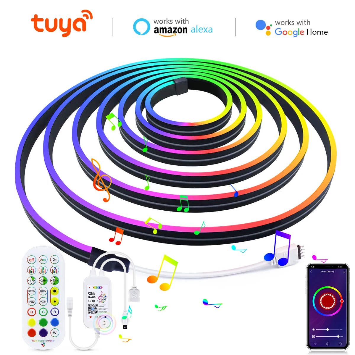 

Tuya RGB Neon LED Strip Lights 12V Black Silica Gel Tube with Music Sync WiFi Voice Control LED Tape Gaming Room Backlight Decor