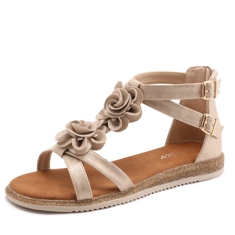 

Summer flat Roman sandals new style travel bohemian floral non-slip back zipper beach shoes