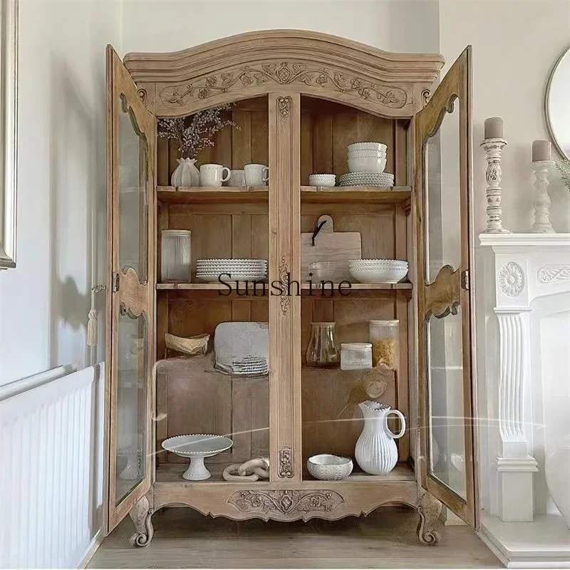 

American country retro old solid wood carving flower double door glass cabinet